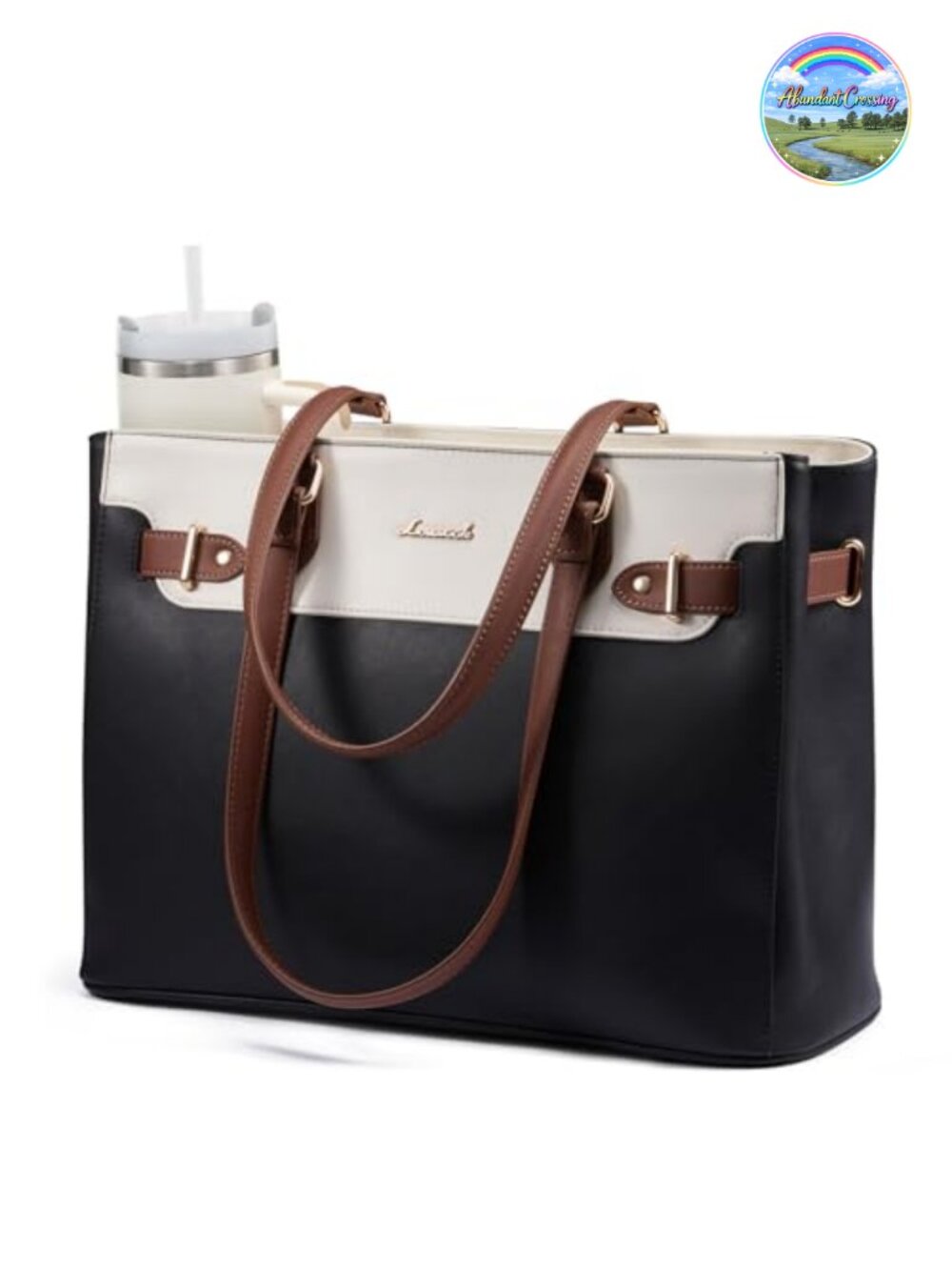 Waterproof PU Leather Laptop Tote Bag for Women Work Teacher with Large Cup